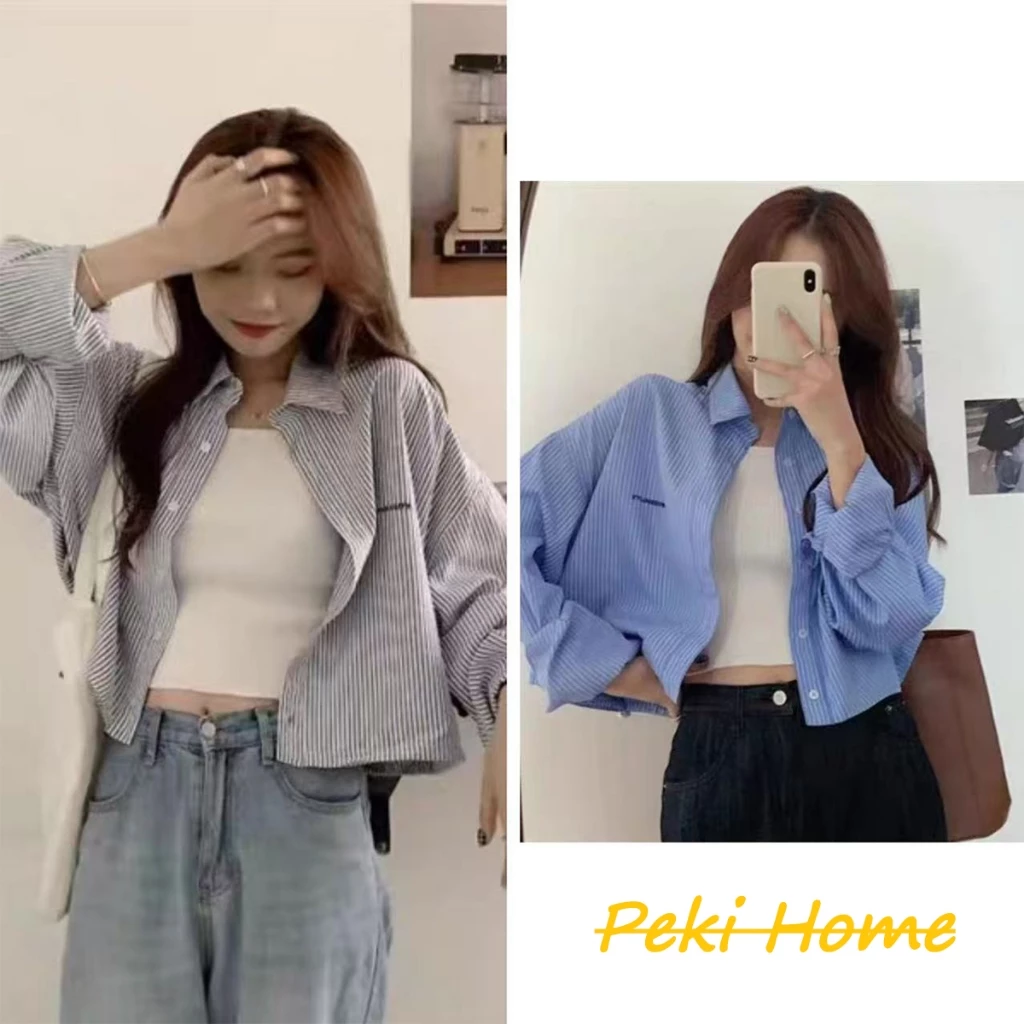 เสื้อเชิ้ตเกาหลีแฟชั่น ลายทาง ดีไซน์มินิมอล