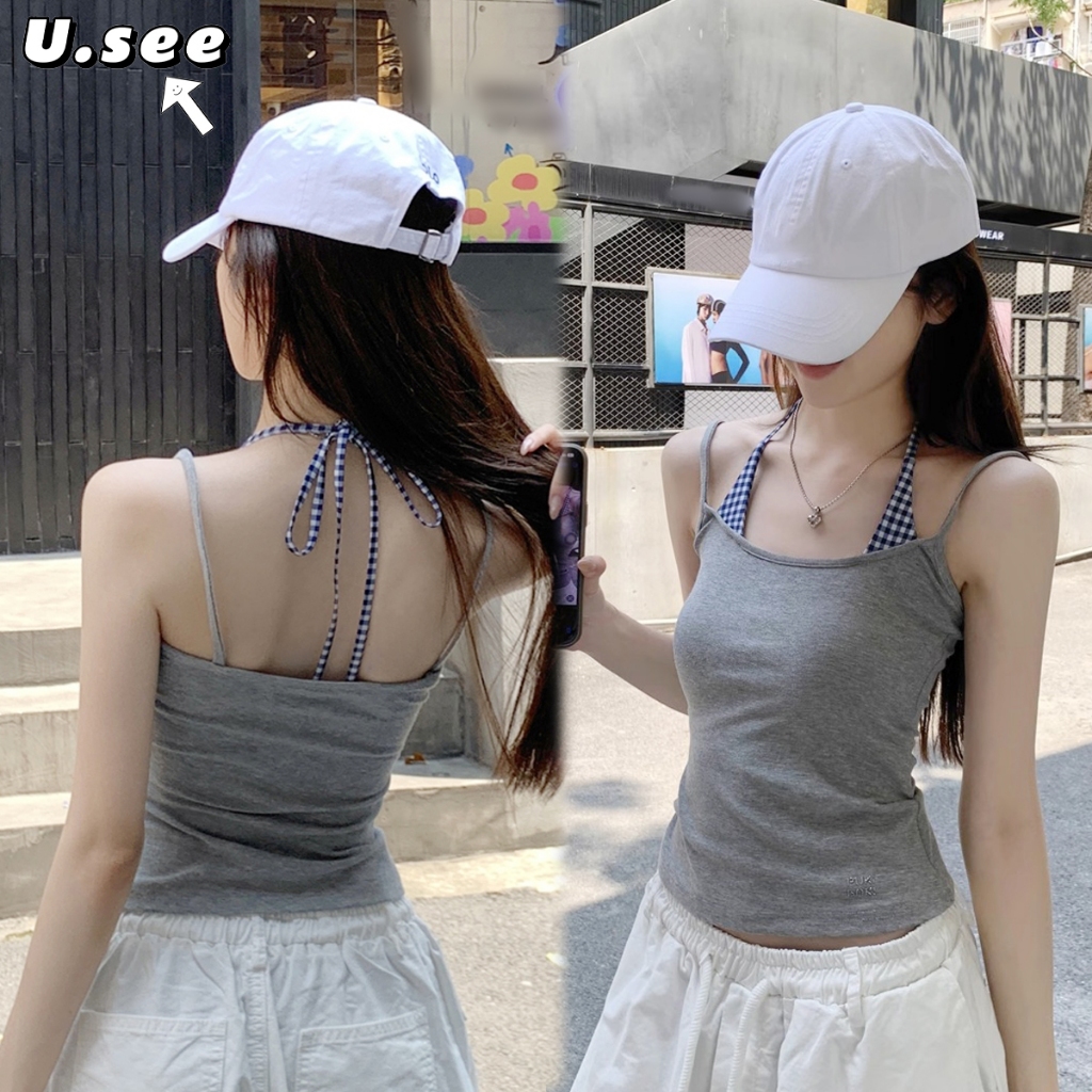 เสื้อผู็หญิง เสื้อสายเดี่ยว ผ้านิ่ม ลายสก๊อต ใส่สบาย#2353