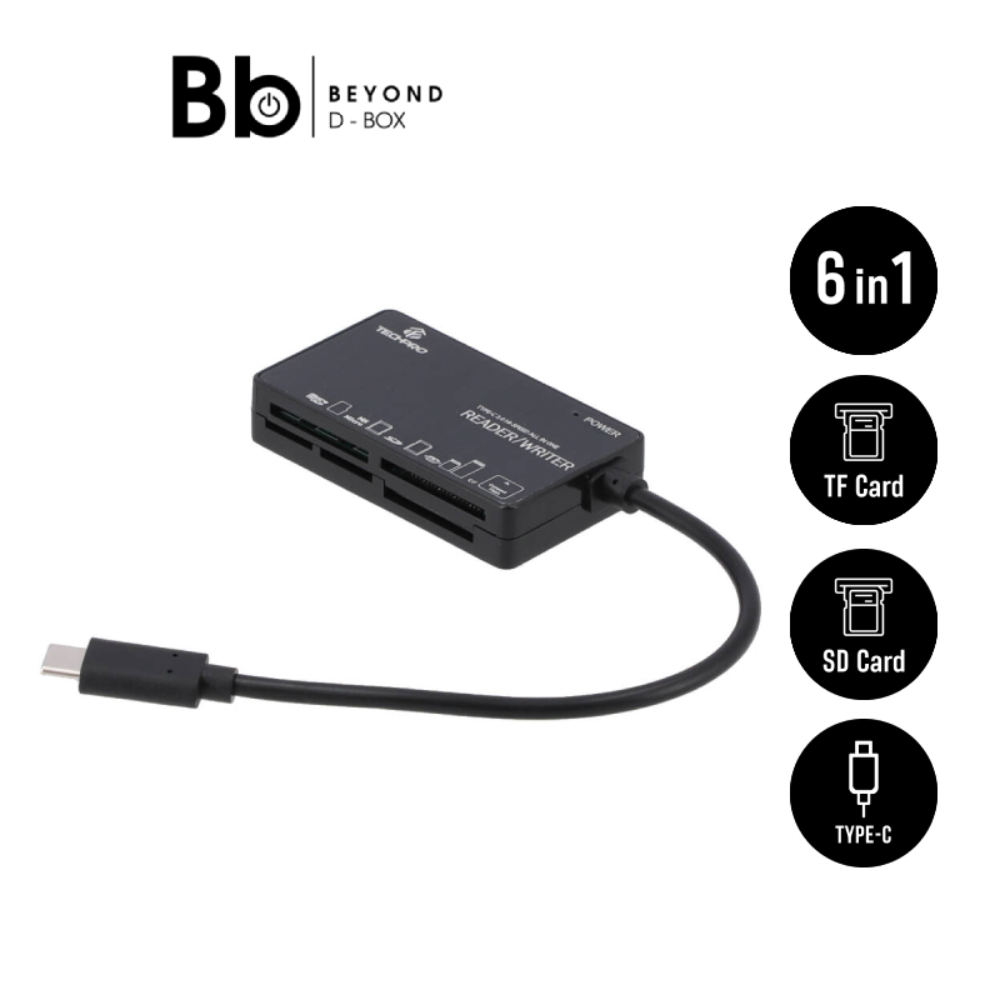 TECHPRO Port Hub Mul-Function 6 in 1 Type-C Card Reader Black by BB Beyond D-Box
