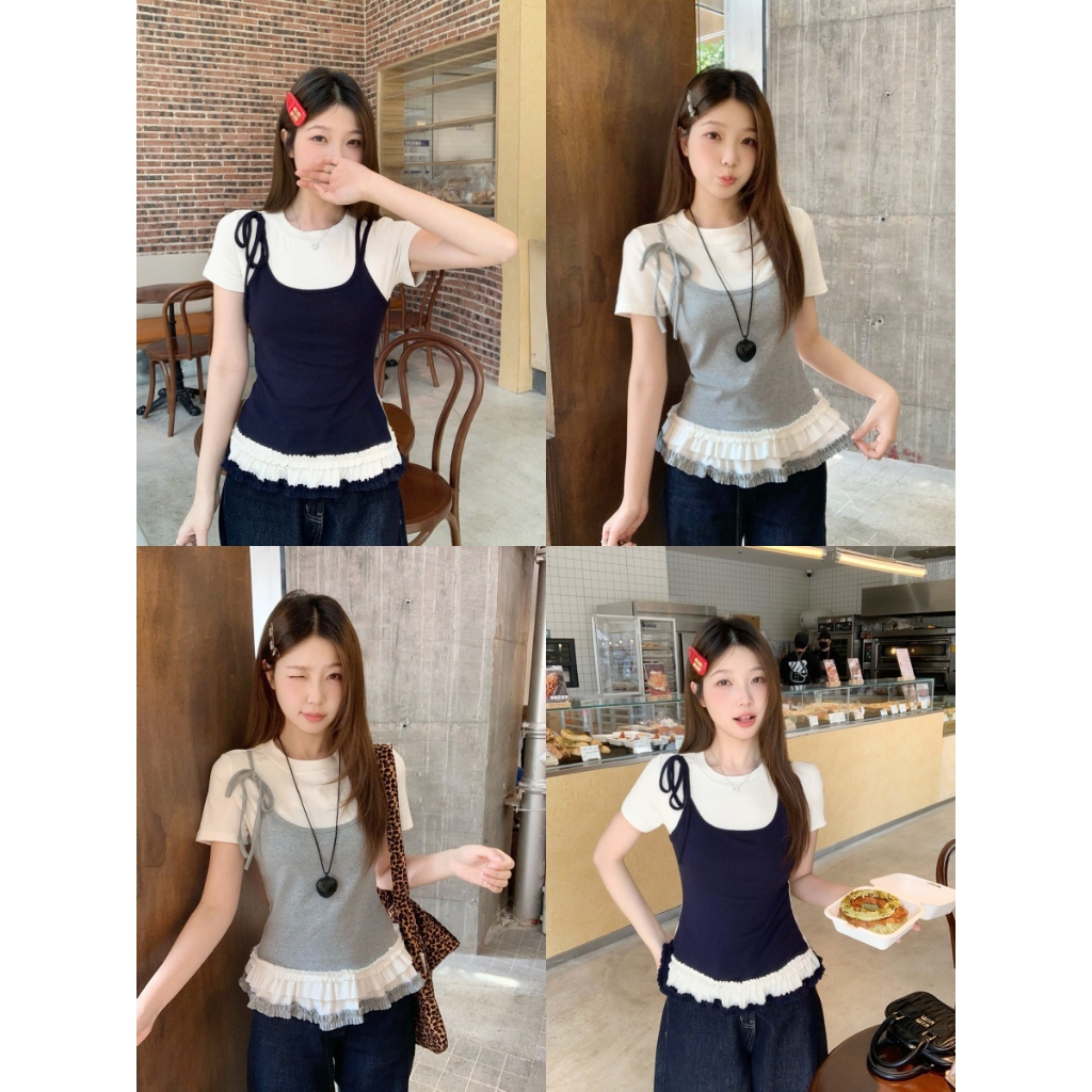 เสื้อยืด เสื้อยืดแขนสั้น เเบบ2ชิ้นติดกัน สไตล์เกาหลี ใส่น่ารัก#2356