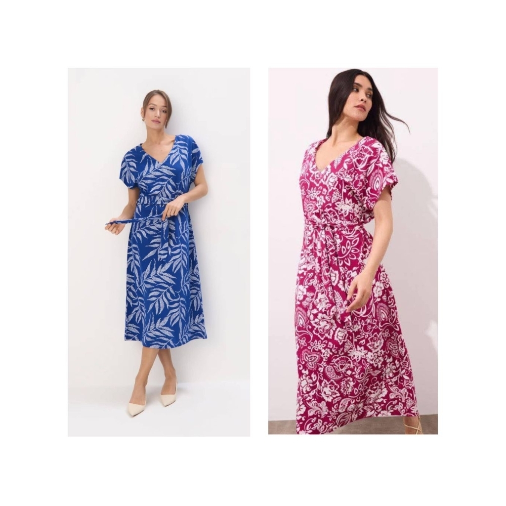 Sale!!  Mohito​ เดรสคอวี​ เอวผูก​ ผ้าพิมพ์ลาย​ สีน้ำเงิน, ชมพูอมม่วง