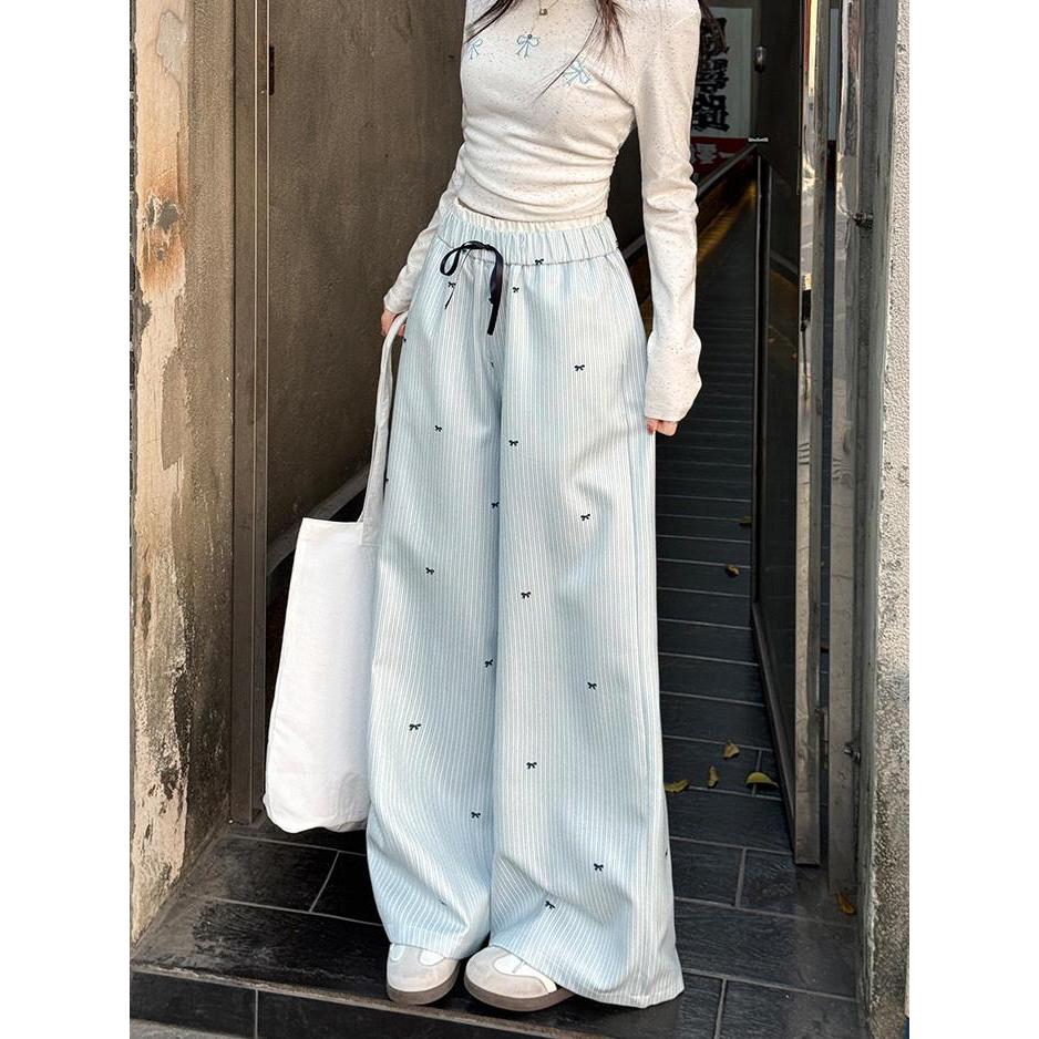 กางเกงลำลอง กางเกงลายทาง เอวสูง ทรงหลวม ดีไซน์โบว์แดมเปอร์ #1501219
