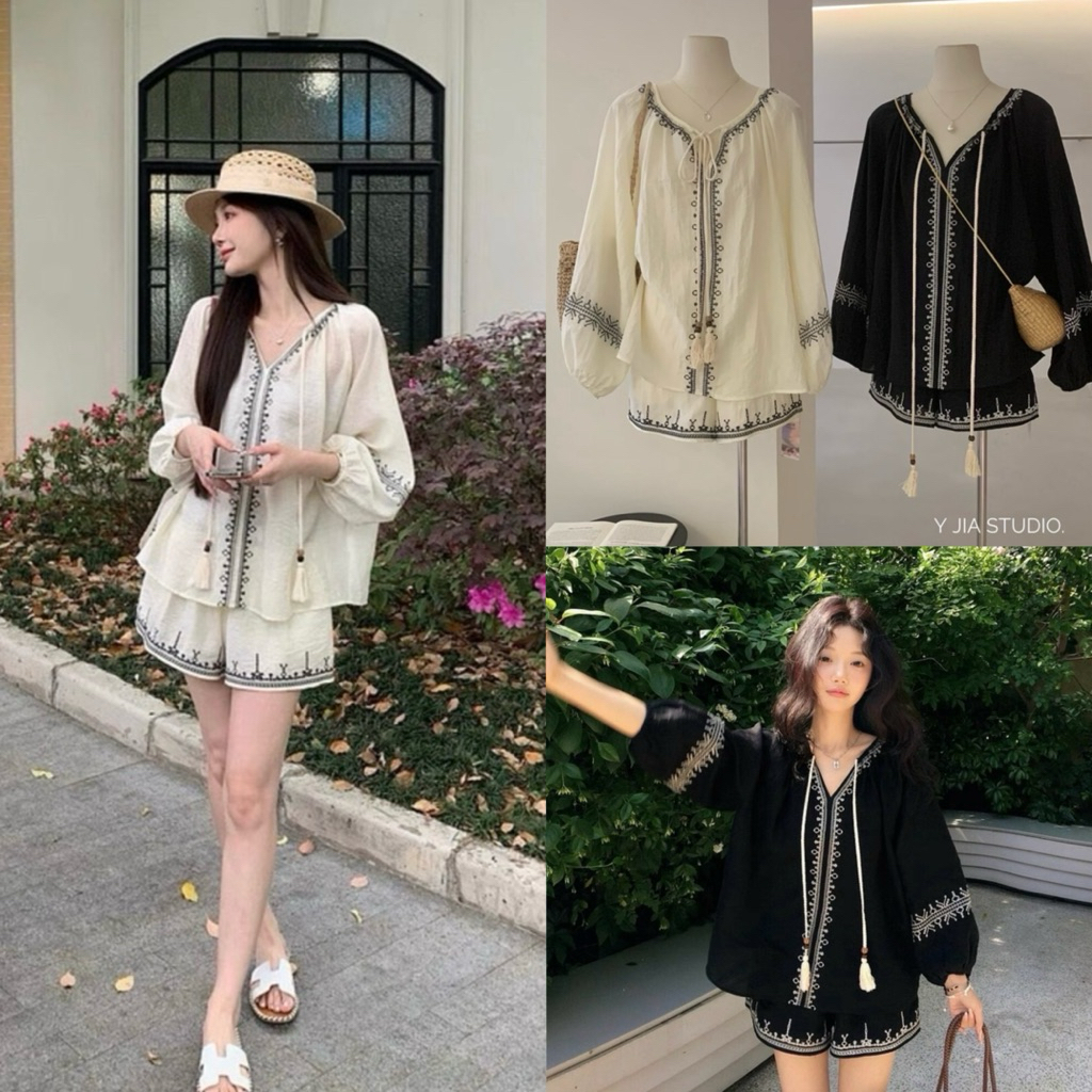 8155# set 2 pcs. เสื้อแขนยาวปักลาย มีเชือกพู่ผูกโบว์ด้านหน้า + กางเกงขาสั้นเอวสม็อก ปักลายชายกางเกง TAG Y.JIA STUDIO🇰🇷🇰🇷