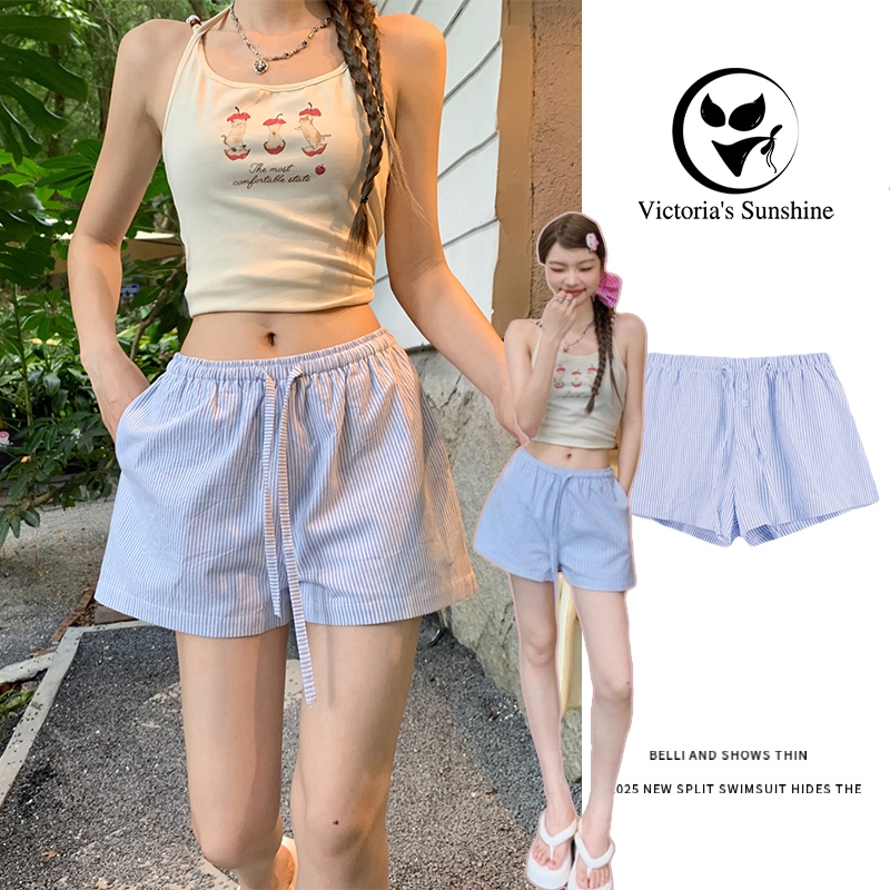 🌈พร้อมส่ง🌈กางเกงกีฬาขาสั้น ลําลอง ทรงหลวม ลายทาง สีฟ้า สีขาว สําหรับผู้หญิง fashion Y2K