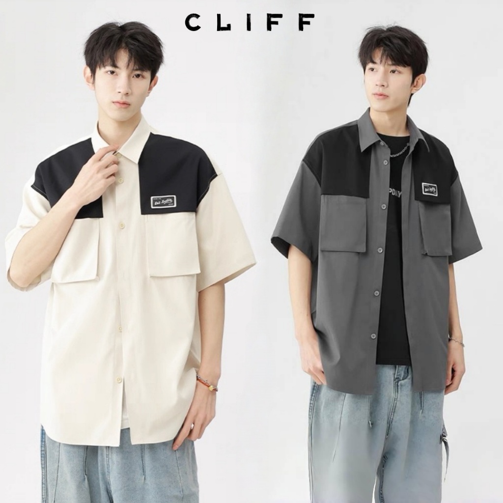 CLIFF แฟชั่น เสื้อเชิ้ตผู้ชาย การออกแบบกระเป๋า สีล้วน อินเทรนด์เรียบง่าย