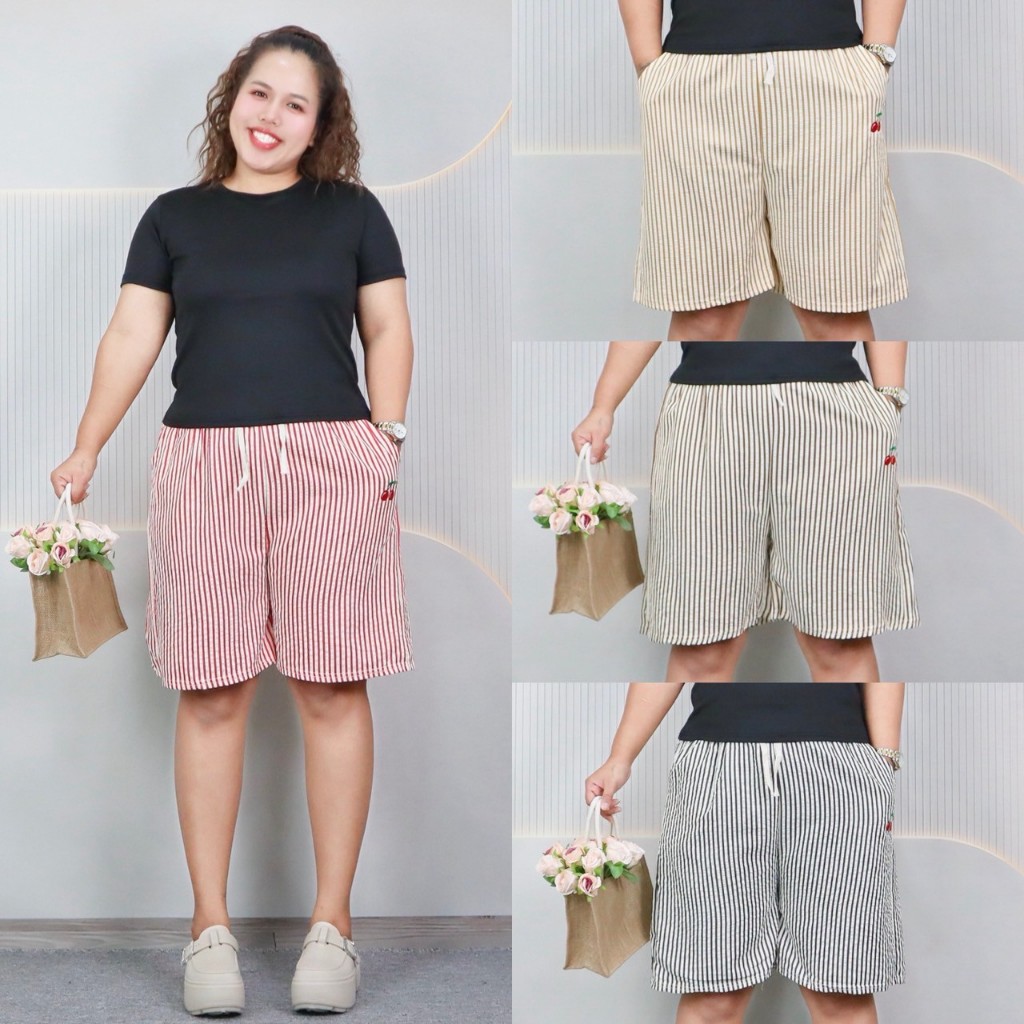 กางเกงขาสั้น ไซส์ใหญ่ กางเกงลายริ้วขาสั้น ดีเทลปักลายผลไม้ ผ้าบับเบิ้ล ดีไซน์ทรงสวย ใส่ได้ทั้งชายและ