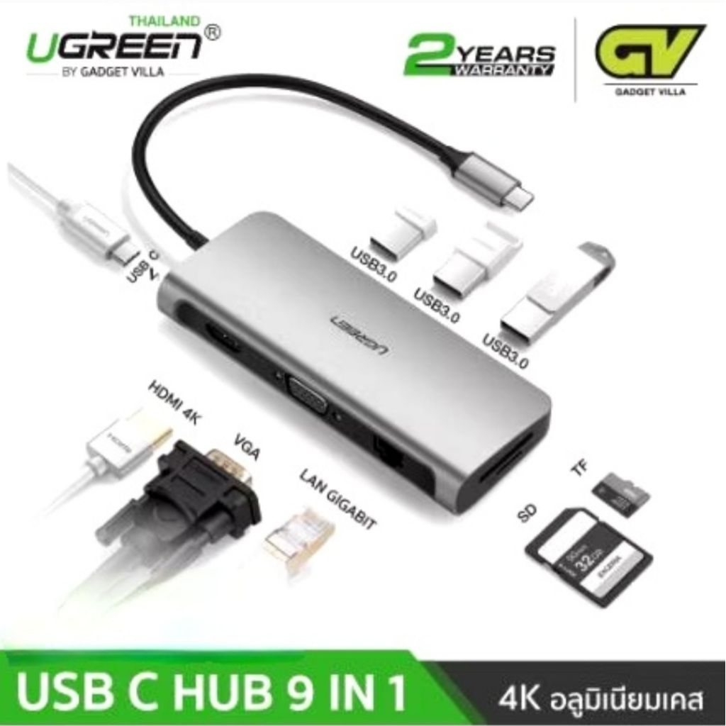 UGREEN Port Hub 9-in-1 USB-C to HDMI + VGA + 3 USB3.0 + LAN + TF/SD + PD Gray