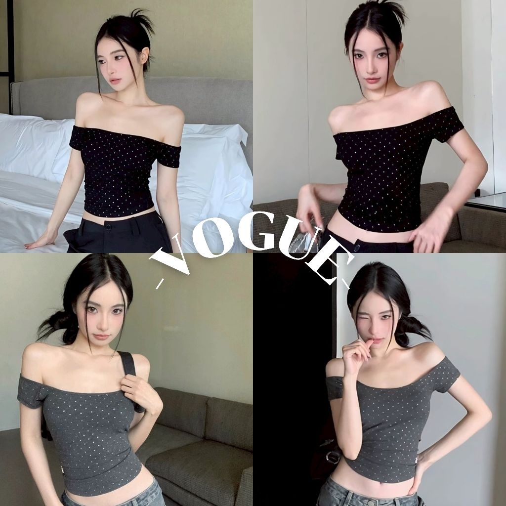Vogue🌟พร้อมส่ง🌟 เสื้อเปิดไหล่แขนสั้น ทรงรัดรูปยืดพอดี ใส่ง่าย วายทรูเค (FY134)