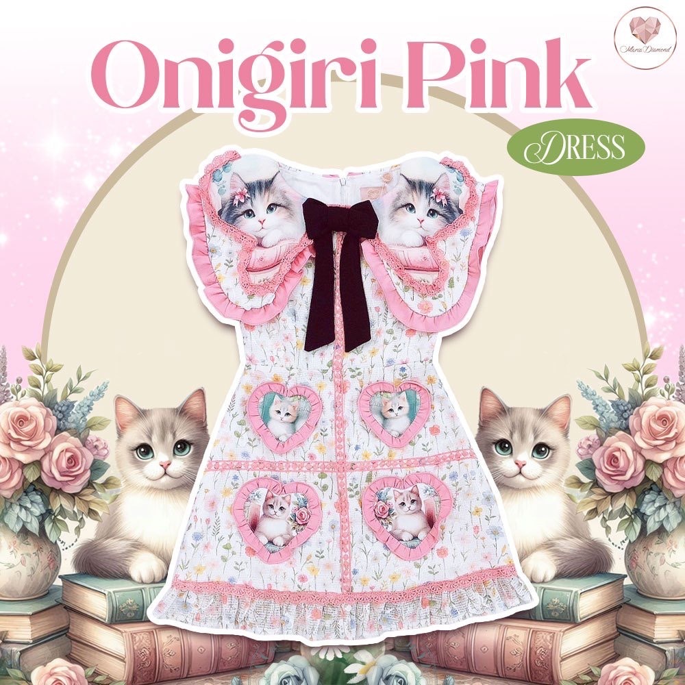 (มี3XL) Onigiri Pink Dress เดรสปกกะลาสีสองชั้น ผ้า texture พิมพ์ลาย แต่งหัวใจลายน้องแมว + เข็มกลัดโบว์ ซิปหลังมีซับใน