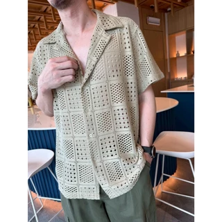 #ป้าย เสื้อเชิ้ตลูกไม้ชายสไตล์มินิมอล รุ่น N049 เท่แบบไม่ต้องพยายาม! เสื้อเชิ้ตลูกไม้ถักลาย