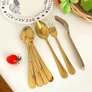 PINMU [ 10แถม10 ] ช้อนกลางสแตนเลส ชุดช้อนส้อม สีเงิน/สีทอง 10คู่ (20ชิ้น) ช้อนสีเงิน ช้อนสีทอง