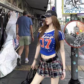 เสื้อยืดแขนสั้นลายพิมพ์สไตล์อเมริกัน ไหล่เฉียง สุดชิค