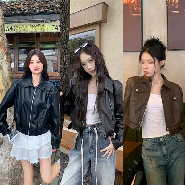 [edk47dknny][จัดส่งจากกรุงเทพฯ] แจ็คเก็ตหนังสั้นคอกลมสีดำสำหรับผู้หญิง ซิป ทรงสลิมฟิต แจ็คเก็ตหนัง PU สำหรับขี่มอเตอร์ไ