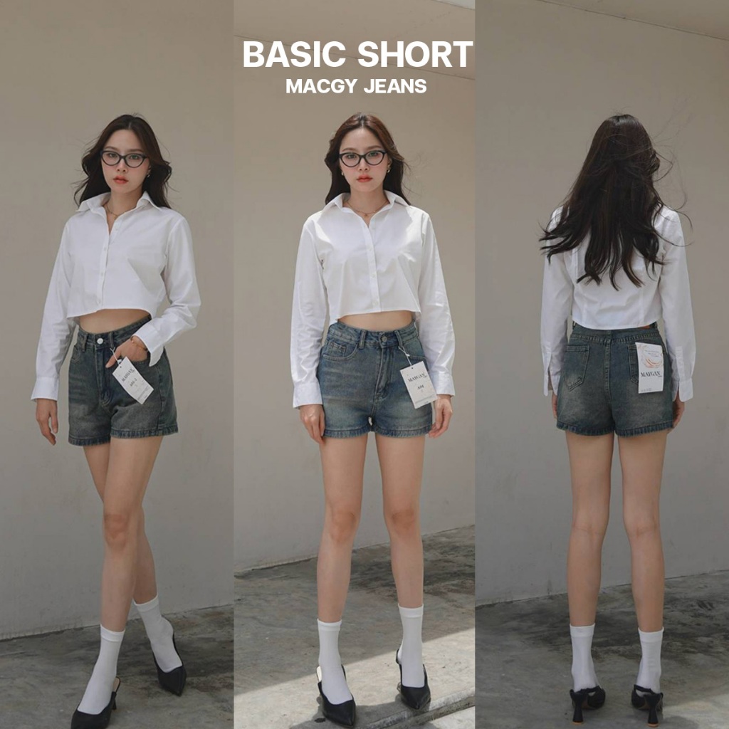 Macgy Jeans กางเกงยีนส์ขาสั้นเอวสูง ทรง Basic short ผ้าไม่ยืด