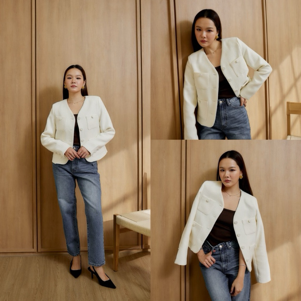 S- ✨🤎 เสื้อคลุมคอวีผ้าทวีต - Swana.ss