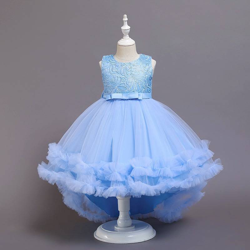 K28 เดรสชายระบายหน้าสั้นหลังยาว สีฟ้า พร้อมส่งจากไทย