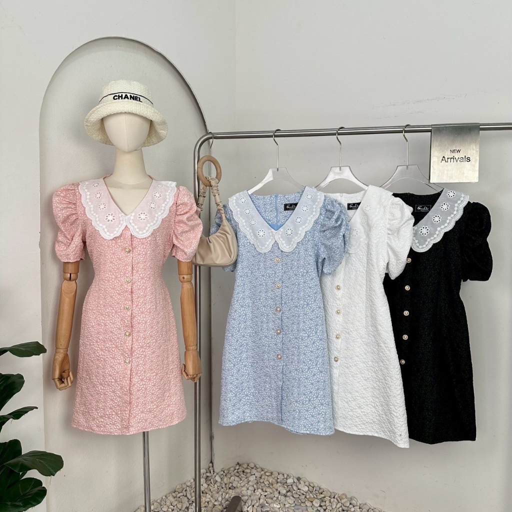 Mook_shop เดรสผ้าลัคชูลายดอกไม้ คอปกปักดอกไม้ เดรสผู้หญิง