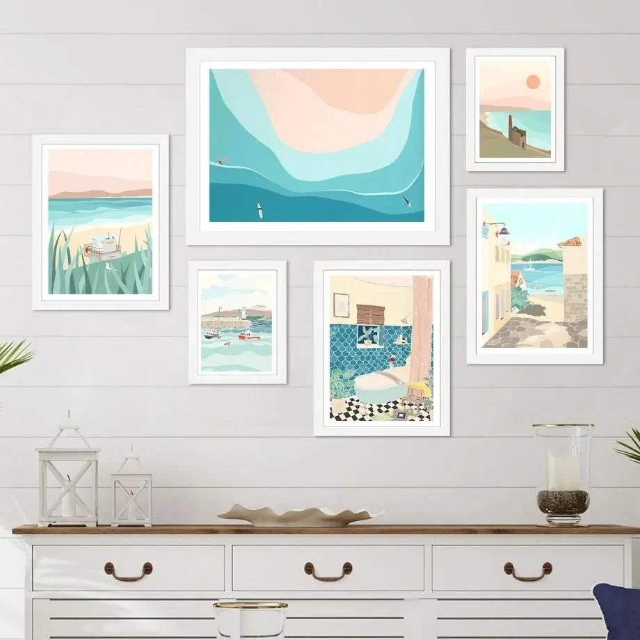 (พร้อมส่งจากไทย ภาพรวมกรอบ)ภาพสีน้ำ ทะเล เซิร์ฟบอร์ด บ้านตากอากาศ รูปนกนางนวล สไตล์มินิมอล ตกแต่งผนัง ห้องนั่งเล่น