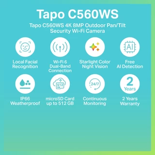 TP-Link Tapo C560WS กล้องไวไฟ 4K 8MP ใช้งานภายนอก IP66 มี AI จดจำใบหน้าได้ Outdoor Pan/Tilt Security รองรับ 2.4GHz/5GHz