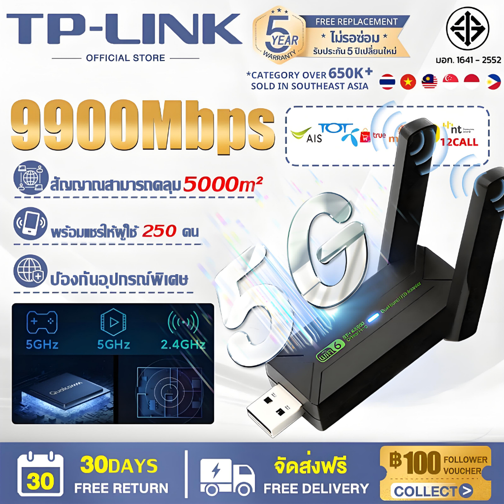 🥇9900Mbps WiFi-6 wifi 🥇ตัวรับสัญญาณไวไฟ USB WIFI ไดรเวอร์ฟรี 5G dual band gigabit WiFi พร้อมเสาอากาศ 2 ตัว