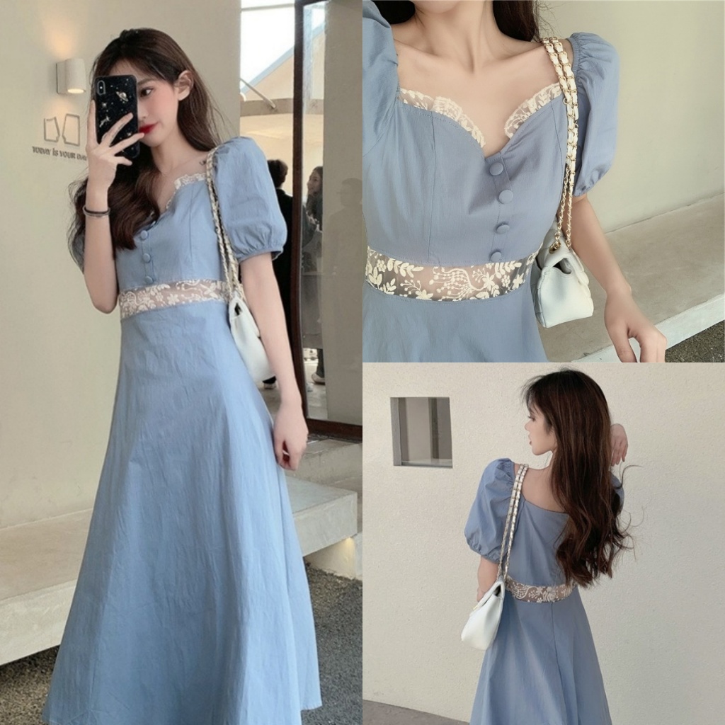 Blossom Closet💙เดรสสีฟ้า สไตล์เรโทร แขนพอง คอเหลี่ยม แต่งขอบลูกไม้ กระโปรงยาว เอวเข้ารูป