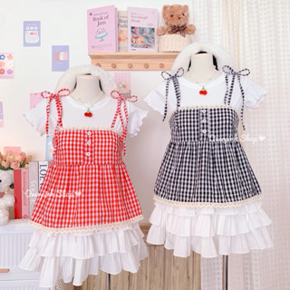 🌸OVP🌸 มีหลายสี เสื้อสายเดี่ยว ลายสก็อต สายผูกโบว์ไหล่ แต่งลู…