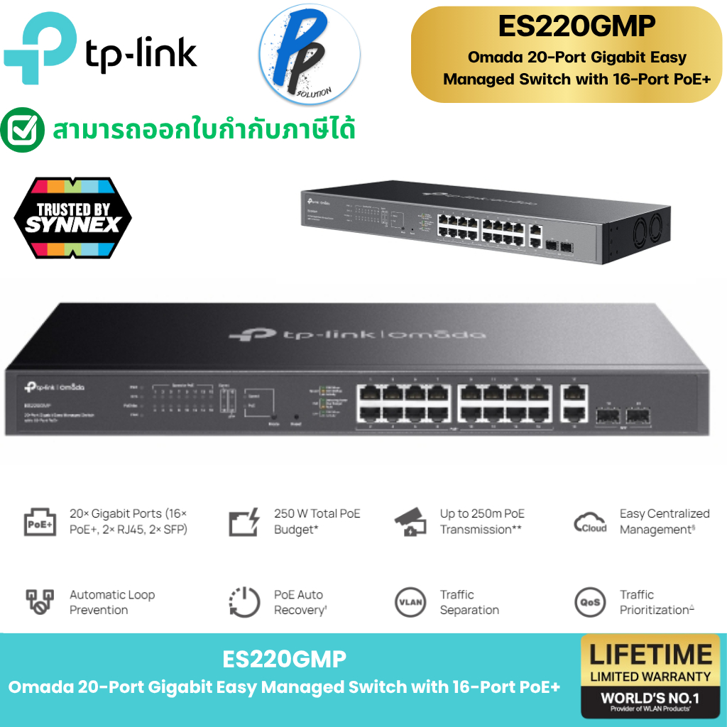 TP-Link ⚡️สวิตซ์ฮับจัดการได้ POE⚡️ES220GMP New Omada 20-Port Gigabit Easy Managed Switch with 16-Por