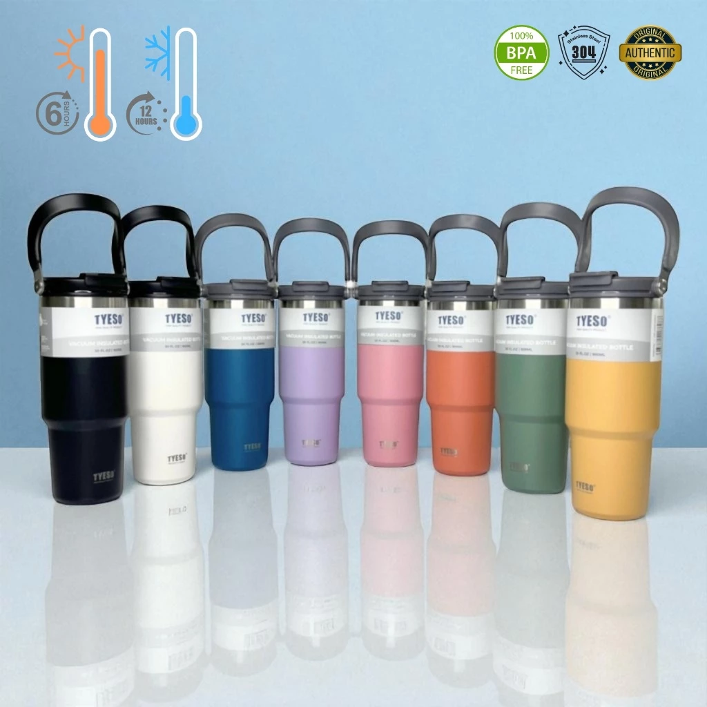 TYESO แก้วน้ำเก็บความเย็นเเละร้อน รุ่นหูหิ้ว สแตนเลส 304 ขนาด 600ml-1200ml ฝา 2 หัวดื่ม
