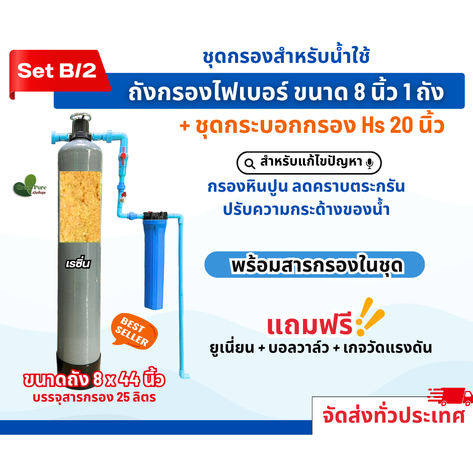 (จัดส่งฟรี + ถังกรองมี NSF ชุดกรองน้ำใช้ ขนาด 8 นิ้ว พร้อมกรอกสารกรองฟรี  >ฟรี!! ยูเนี่ยน + บอลวาล์ว + เกจวัดแรงดัน<