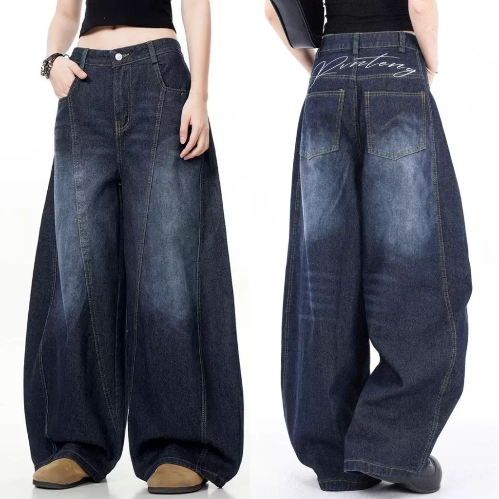 กางเกงยีนส์ผู้ชายอเมริกันย้อนยุคหลวมสบายๆคุณภาพสูงสไตล์เป็นกลางกางเกงยีนส์ scimitar ผู้ชายกางเกงยีนส์ทรงเดนิมย้อนยุคหลวม