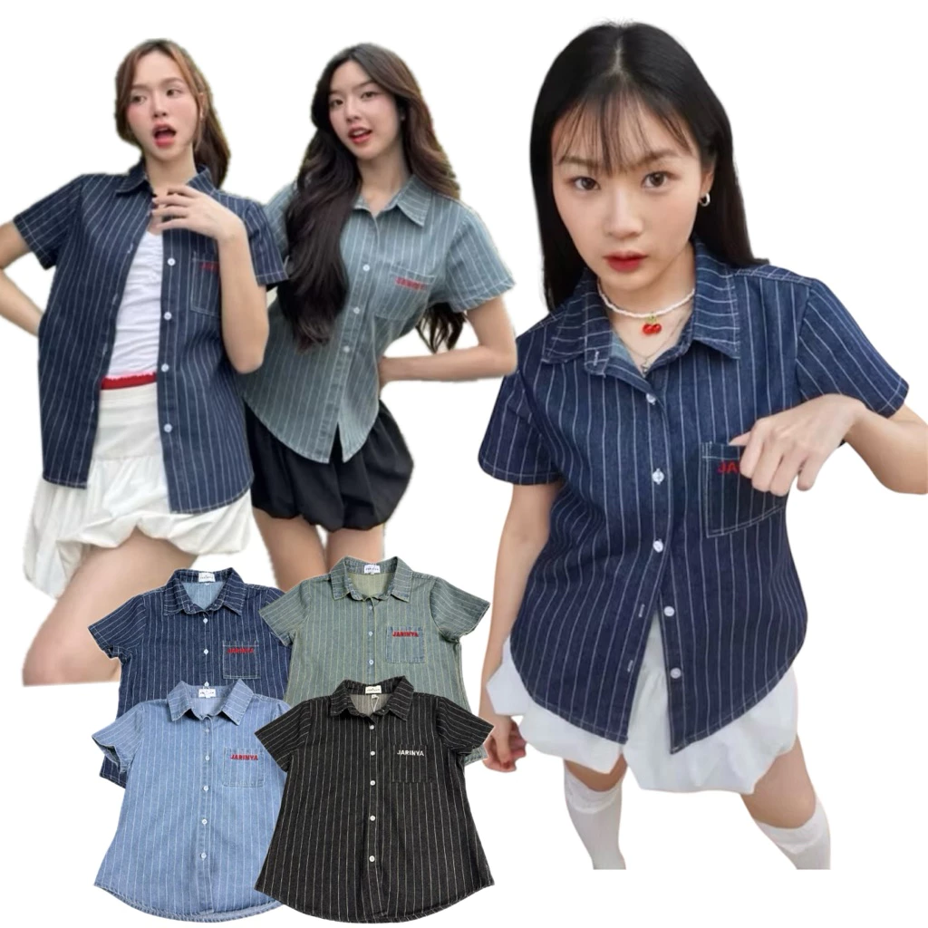 JARINYA (M-2XL) เสื้อเชิ้ตยีนส์แขนสั้น แต่งกระเป๋างานปัก JARINYA ผ้ายีนส์แท้ เนื้อดีไม่บาง ทรงสวยเข้ารูป