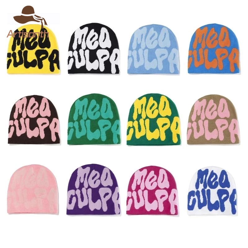 ส่งเร็ว💥หมวกบีนนี่ Y2Kพิมพ์ลายตัวอักษร MeaCulpa ผ้าวูลถัก ให้ความอบอุ่น คุณภาพสูงแฟชั่นสําหรับผู้ชายและผู้หญิง