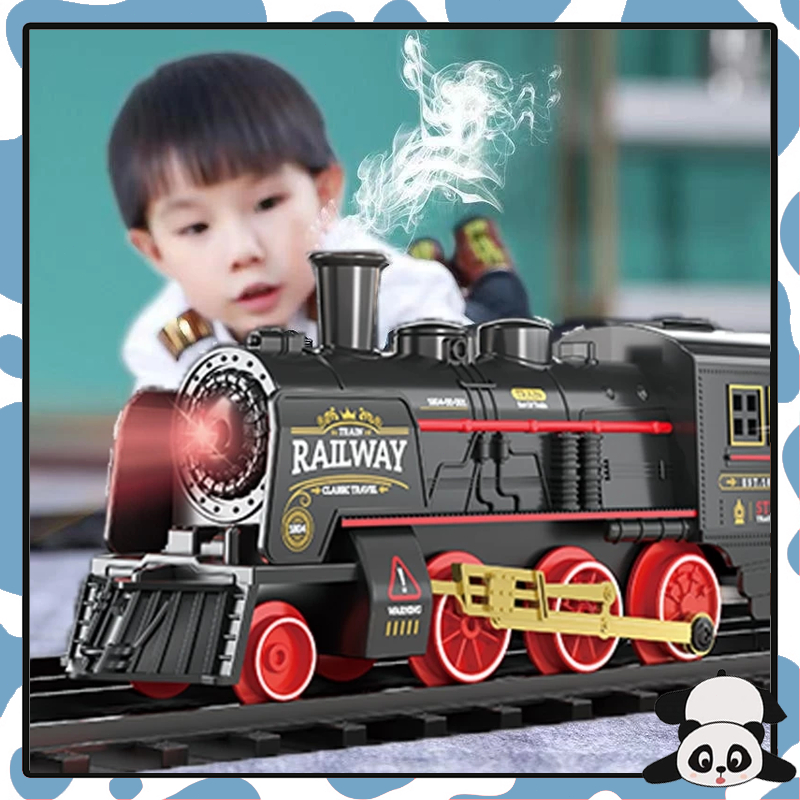 ของเล่นรถไฟ รถไฟของเล่นเด็ก มีไฟ มีเสียง มีควัน รถไฟโบราณ พร้อมราง เสริมสร้างจินตนาการ