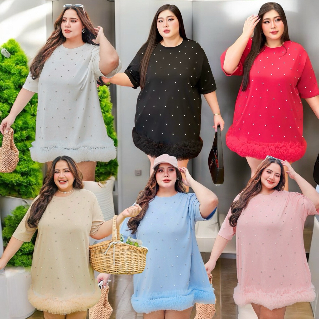 เสื้อคอกลมตัวยาว ตอกเพชรแต่ง แต่งชายตาข่ายฟรุ้งฟริ้ง 46"-64"(กรุณาอ่านไซส์ในรายละเอียดก่อนสั่งซื้อ)