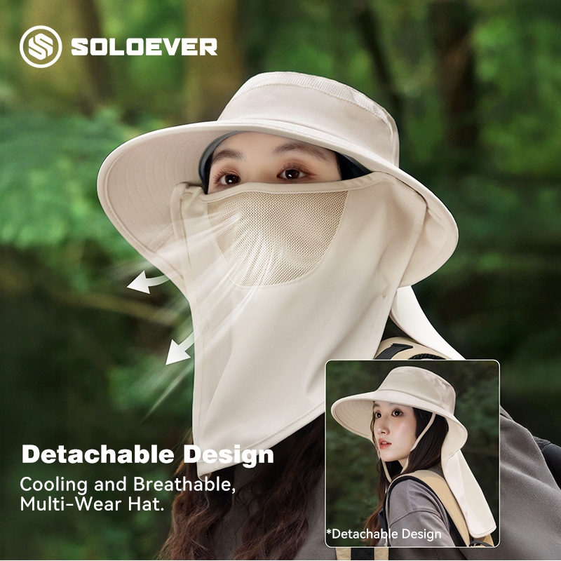 SOLOEVER Hat UPF50+ หมวกตกปลา, หมวกกันแดดกันลมกลางแจ้ง, ปกเต็มหน้า, หมวกกันน้ำ, เหมาะสำหรับการตกปลา, แคมป์ปิ้ง, เดินป่า