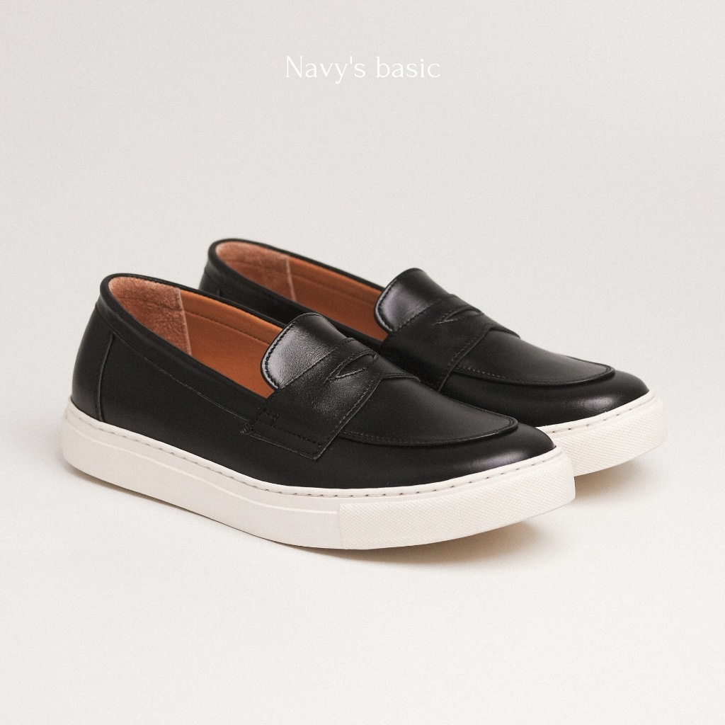 Basic No.07 รองเท้าหนังแท้ แบบสวมทรงLoafers สีดำ พื้นขาว (Version Upgrade 2025)