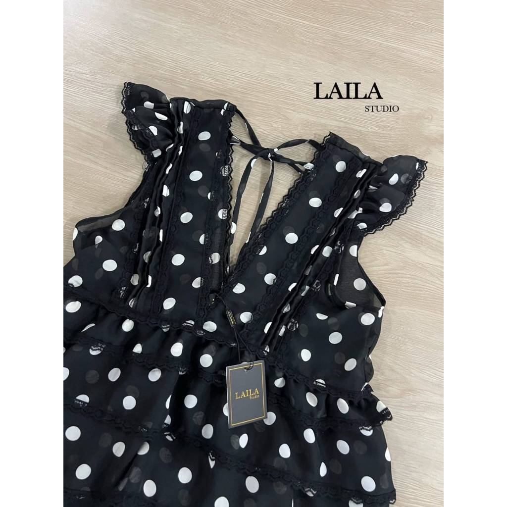 ❥ S-XL ชุดเซ็ท เสื้อชีฟอง + กางเกงขาสั้น สีขาวดำ ลายจุด งานป้าย Laila ชุดเซตน่ารัก ชุดไปคาเฟ่ - รูปที่ 3