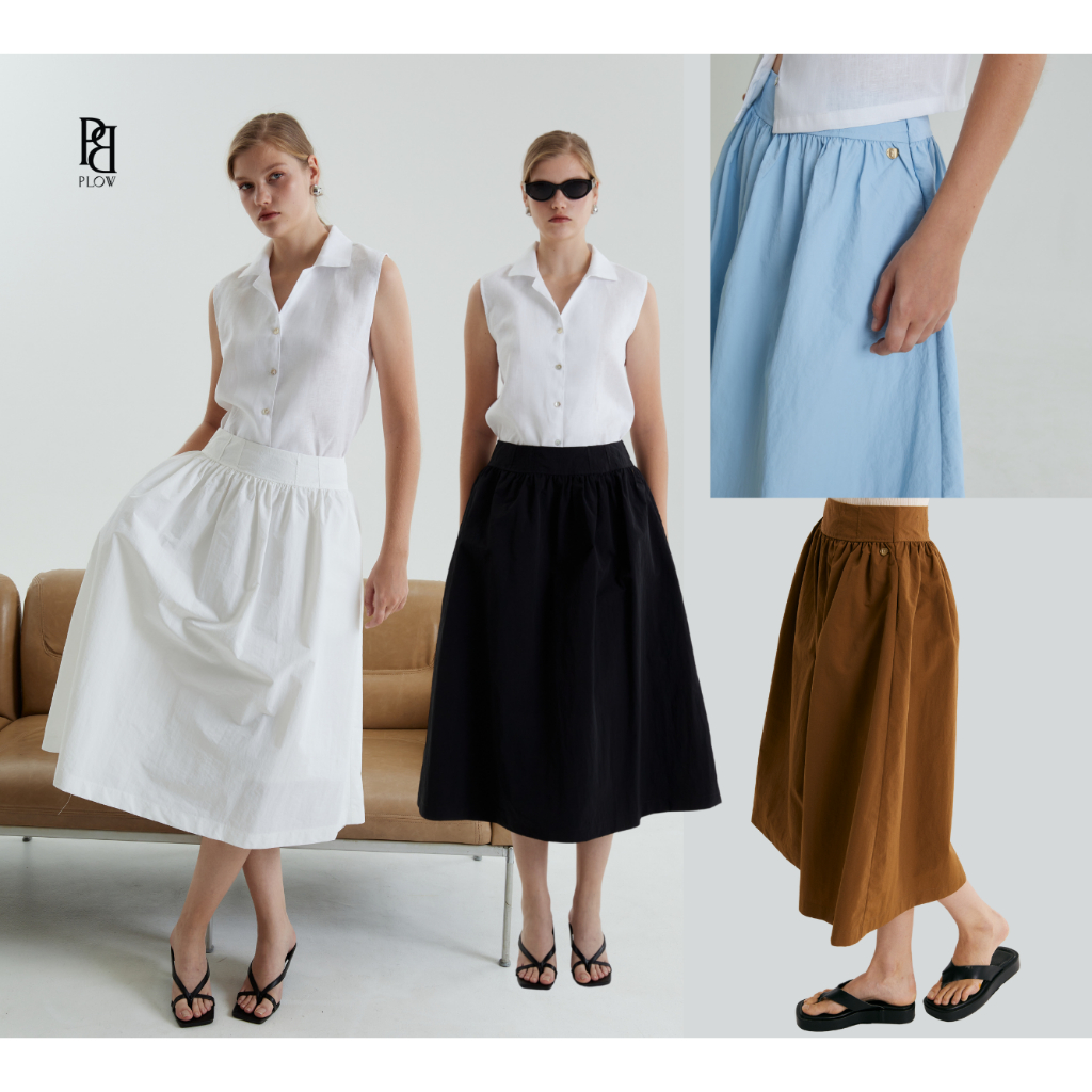 PLOWBRANDS-Victoria Nylon Maxi Skirt กระโปรงบาน มีกระเป๋าซิปหลัง lightweight Nylon fabric drapes fast-drying fabric