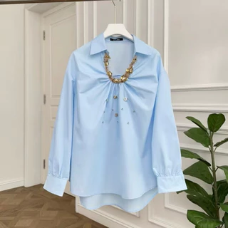 พร้อมส่ง‼️ GMG(01) เสื้อเชิ้ตแขนยาว ผ้าคอตตอน ทรงเสื้อคอปก ดีเทลปักเลื่อมสีทองใส เรียงเป็นลวดลายโค้ง