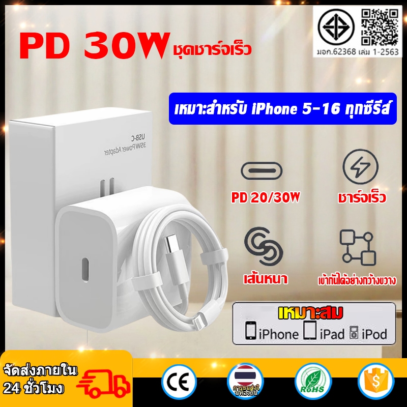 TVM ชุดชาร์จ pd 20/30W สายชาร์จ+หัวชาร์จ สายชาร์จเร็ว 1 เมตร ชาร์จเร็วที่อุณหภูมิต่ำ สำหรับ iPhone 4 ถึง iPhone 16