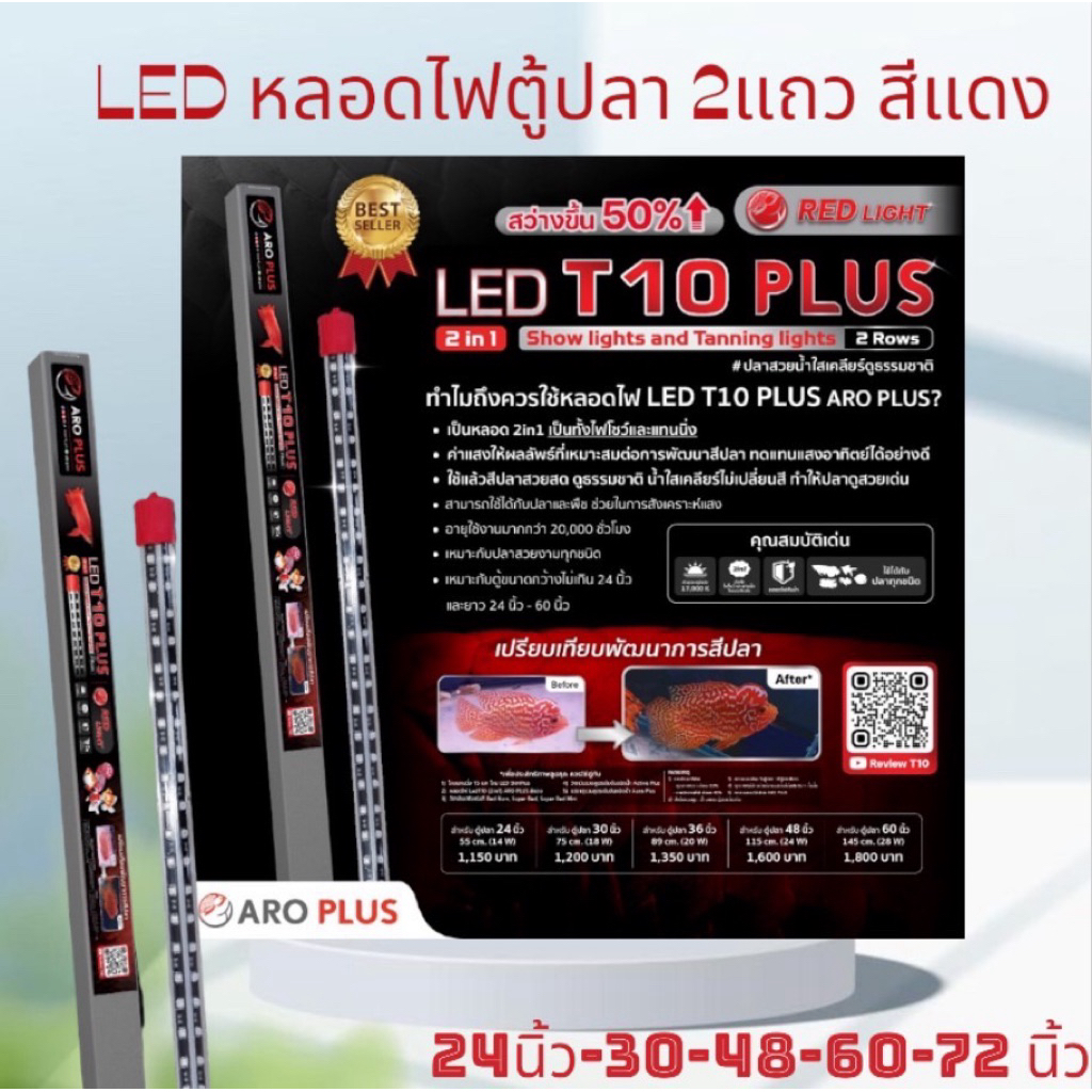 หลอดไฟตู้ปลา  หลอดไฟ LED T10  plus2in1 แบบ 2 แถว สีแดง