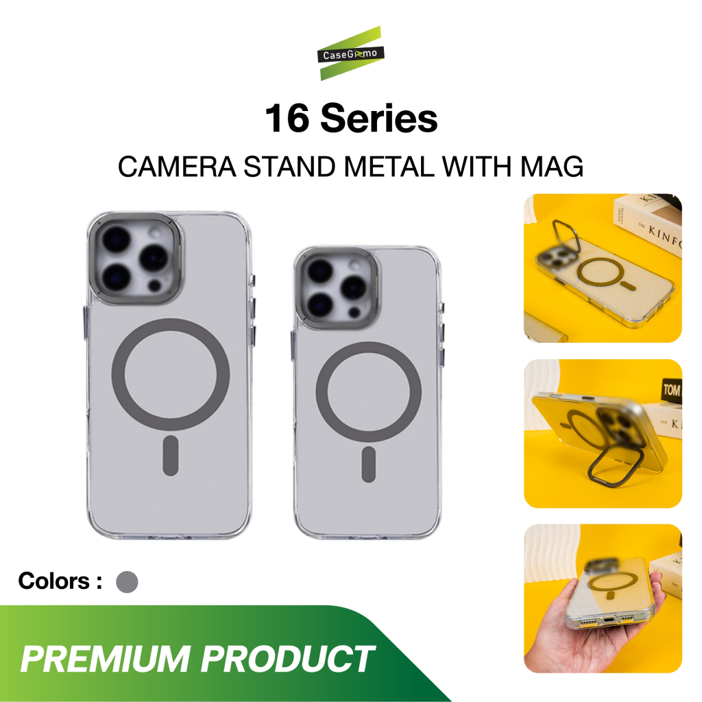 Gizmo รุ่น 16P 16PM เคสใส เคสพร้อมขาตั้ง เคสชาร์จได้ เคส สีเงิน Camera Stand Metal Mag Case