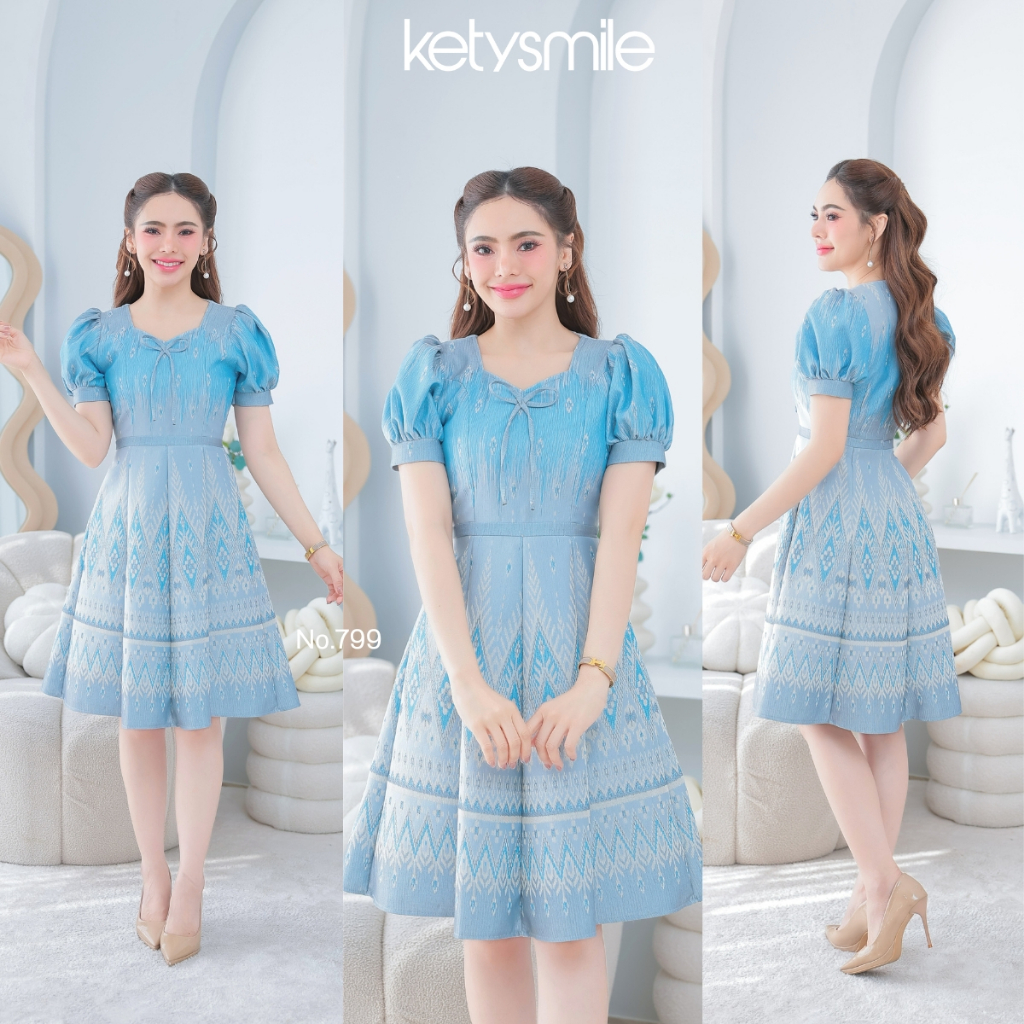 Kety Smile ชุดเดรสผ้าทอลาย คอหัวใจ แต่งโบว์อก แขนตุ๊กตา กระโปรงบาน 8 ชิ้น งานอัดกาวทั้งชุด ซิปซ่อนด้านหลัง (S-5XL) N799