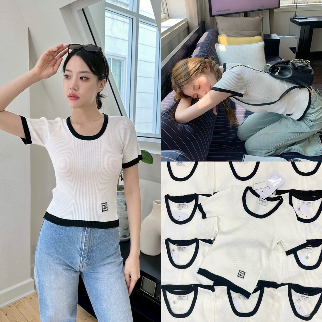 ส่งด่วน 🤍 CN knit top เสื้อไหมพรมคอกลม ตัดขอบ งานปักโลโก้แบรนด์