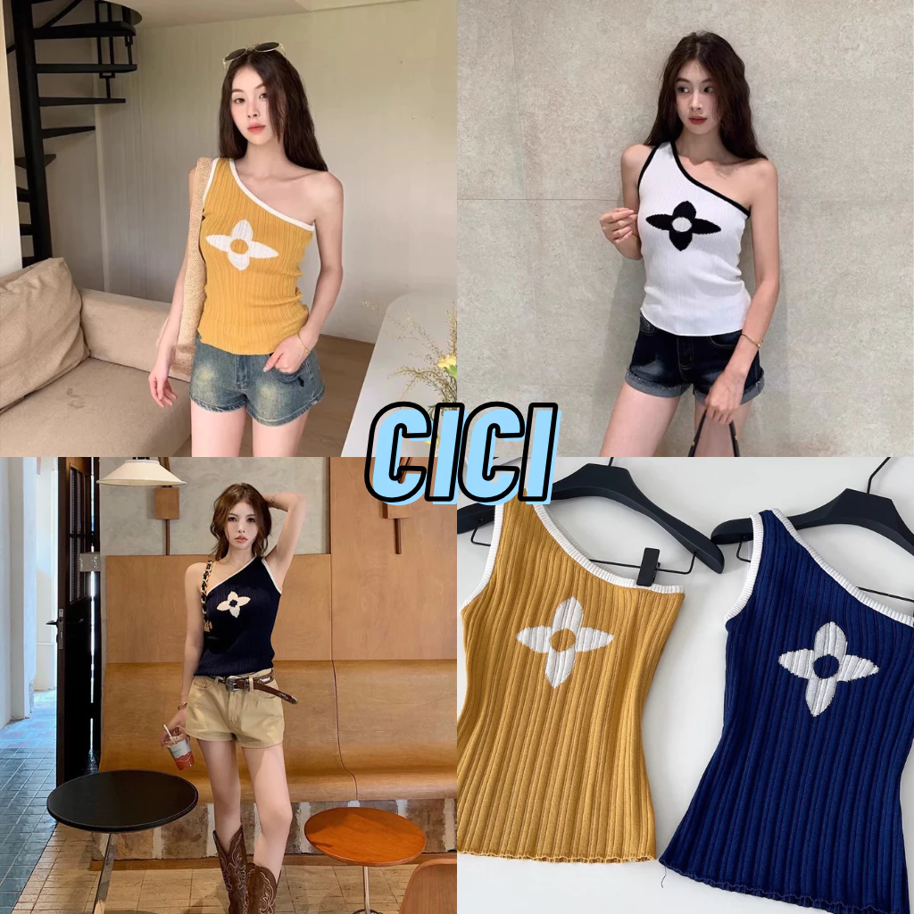 ส่งทันที Cici (NO. B8615) เสื้อแขนกุดเปิดไหล่ข้างนึง ลายดอกไม้ เข้ารูป ผ้าไหมพรมยืด สีสันสดใสวัยโจ๋