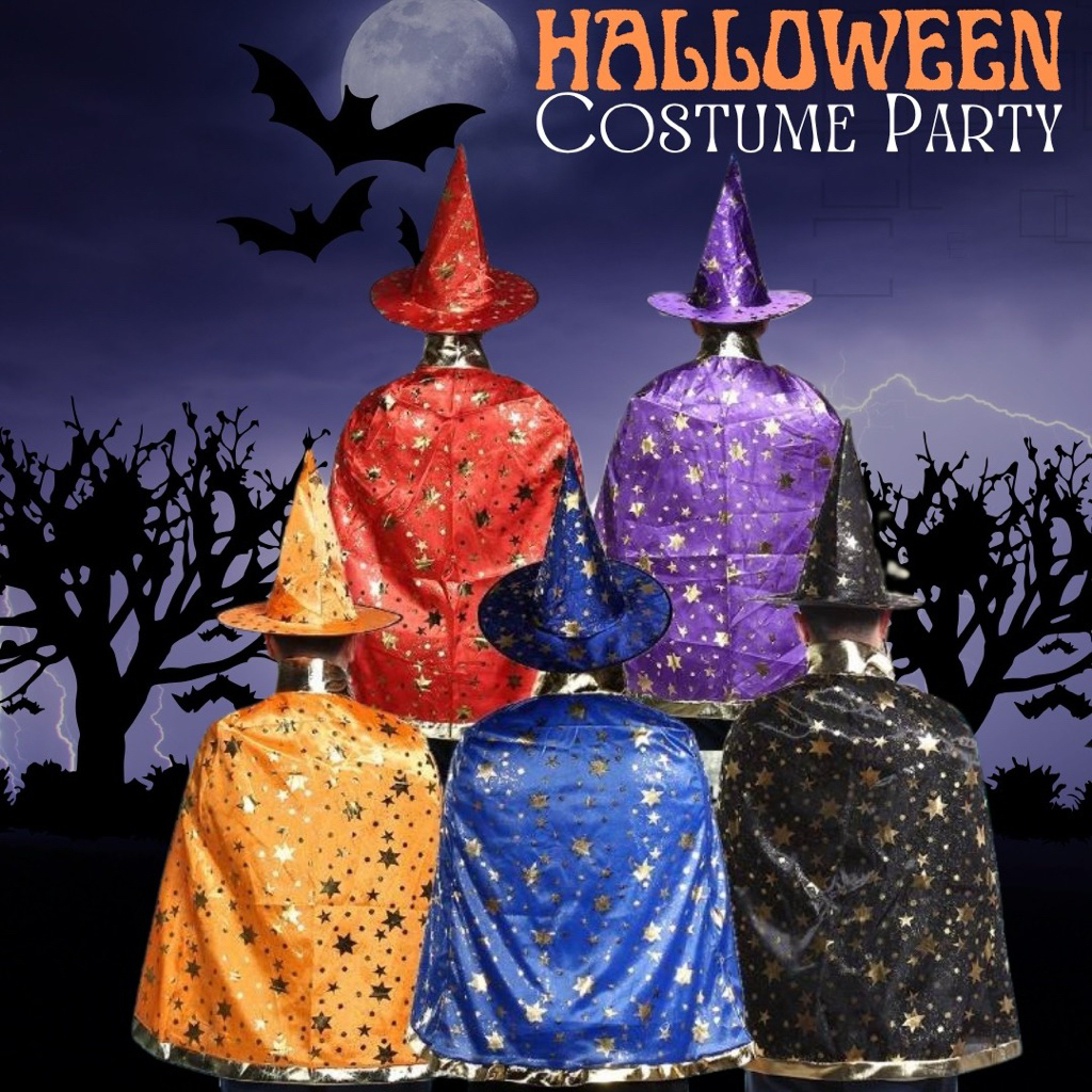 ฮาโลวีน ชุดผ้าคลุม พร้อมหมวกแม่มด​ แฟนซีลายดาวสีทอง halloween