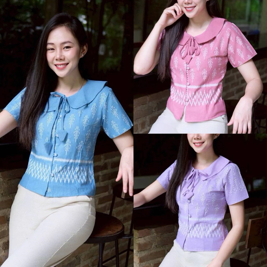[พร้อมส่ง] เสื้อผ้าฝ้ายพิมพ์ลายดอกปีบ คอบัวแต่งดอกทิวลิป อก34-40นิ้ว มี5สี women clothing เสื้อผ้า