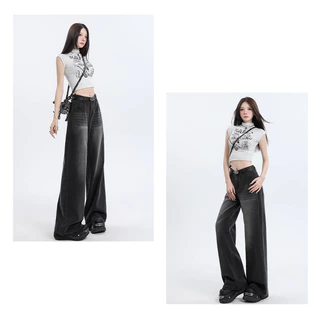 S-5XL Jean Womens Black Baggy Jeans Semi Denim กางเกงยีนส์เอวสูงผ้ายื