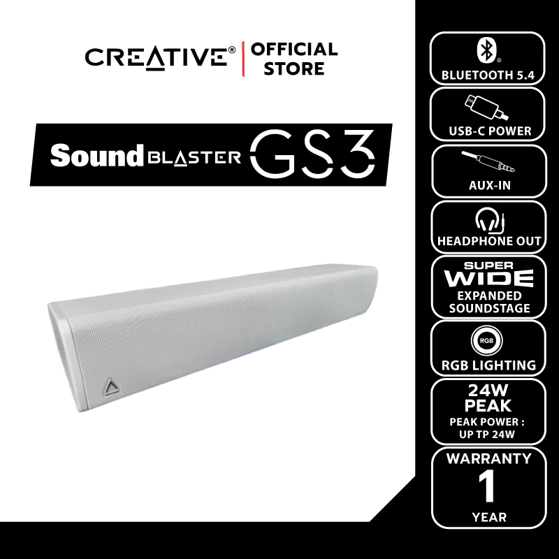CREATIVE SPEAKER Sound Blaster GS3  สีขาว ลำโพงเกมมิ่งซาวด์บาร์พร้อมไฟ RGB พลังเสียง SuperWide™ technology thumbnail 4