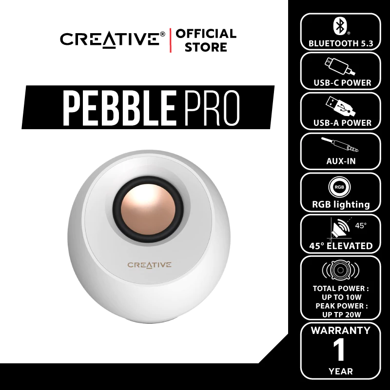 CREATIVE PEBBLE PRO ลำโพง 2.0 บูลทูธ 5.3 USB-C ไฟ RGB สีขาว thumbnail 6